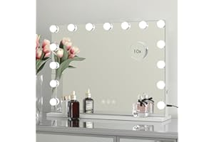 OUO Lighted Vanity Mirror, Hollywood Makeup Mirror, Smart Control Mirror with 15 Dimmable Bulbs, Tabletop Beauty Mirrors with USB Outlet, 3 Color Lighting Modes, White (L22.8 X H17.5 Inch)