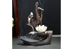 YYW Bruciatore di incenso a reflusso, realizzato a mano, porta incenso per casa, ufficio, camera da letto, decorazione, per yoga, con 10 coni in omaggio e confezione regalo Loto Marrone