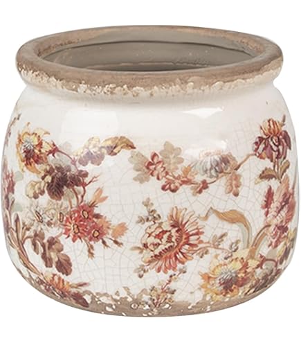 Clayre & Eef Blumentopf Aus Keramik – Erdbeer-Motiv, Beige/rot, Ø 12 Cm, Im Landhausstil