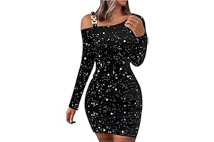 Zeiayuas Sequined Bodycon Dress for Women UK Elegant Off Shoulder Long Sleeve Party Cocktail Mini Dress Ladies Bridesmaid Dress Sparkly Glitter Wrap Bodycon Evening Prom Dresses