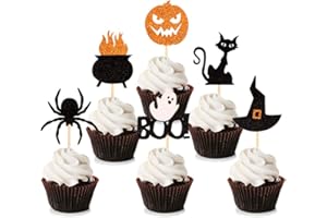 Blumomon 36Pcs Halloween Cupcake Toppers Halloween Cake Topper Decorations Glitter Pumpkin Black Cat Cupcake Picks Spider Fruits Picks for Halloween Party Decoration
