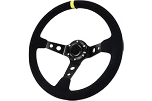 Acclcors Universal Racing Steering Wheel, Gaming Steering Wheel 350mm/14inch 6 Bolt Grip Suede Deep Dish with Horn Button for Racing/Rally/Motorsport/Car Sim Driving (Black)
