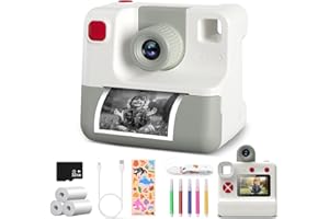 DIAMOOKY Appareil Photo Instantané Enfants, 2,4" 1080P Appareil Photo Numérique avec Papier d'impression & Carte TF 32G, Selfie Caméra Vidéo pour Enfants, Cadeau pour Filles Garçons de 3-12 Ans