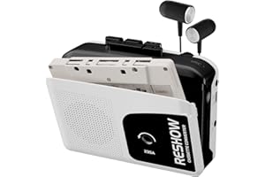 Reshow Lecteur de Cassettes Portable Microphone et Haut-Parleur Intégrés, Convertisseur USB Cassette-MP3, Enregistrement Inversé sur Bande, Magnétophone Noir avec Casque