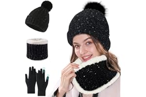 TOSZOLY Gorro y Bufanda de Invierno, Mujer Gorro de Beanie Pompón Bufanda de Punto con Forro Polar Suave y Cálido, Mujer Guante Set Beanie para Esquí Diario Deportes al Aire Libre Regalo de Invierno (Negro)