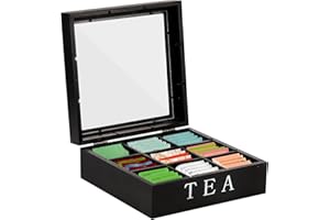 GHSHANOG Wooden Tea Storage Box,23x23x9CM Tea Bag Organizer with 9 compartments,Tea Chest Container with Transparent Lid for Tea Bags,Sugar, Coffee Pods (Black)