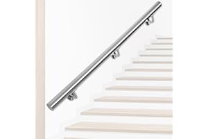 OUUTMEE Corrimano in acciaio inox per scale, 200 cm, ringhiera per scale con supporti, rotondo Ø 42 mm, corrimano esterno interno per soffitta, veranda, garage terrazza