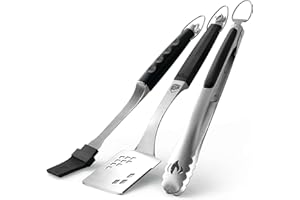 Napoleon Accessory 70036 - Executive 3-teiliges Werkzeugset - Premium BBQ Grill Toolset, Edelstahlguss, ergonomische Griffe, hitzefester Gummigriff, inkl. Zange, Multifunktionsspachtel, Backpinsel
