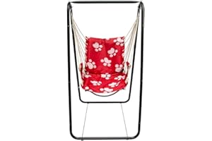 AMANKA Swing set with chair and stand frame Metal Frame with hanging armchair Rocking hanging swing with armrest & back support Children and adults Indoor & Outdoor Red with footprints