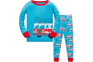 HIKIDS Pijama Niño Invierno-Pijama para Niños-Pijamas de Astronauta Cohete Planeta Excavador Tractor Coche Camión para Niños-Manga Larga Niño Ropa de algodón Traje Dos Piezas 3 4 5 6 7 8 Años