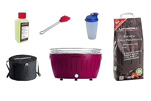 LotusGrill XL Starter Kit 1x LotusGrill Plum Purple 1X Beech Charcoal 1kg/1 Lighting Gel 200ml, 1 x Marinating Brush Mandarin Orange, Dressing Shaker, Transportation Carry Case XL