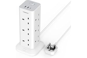 Tower Extension Lead with USB C Slots, TESSAN 12 Way Multi Plug Adaptor with Switch, Surge Protected Power Strip with 2M Cable (13A 3250W) for Home, Office, Kitchen, School Supplies