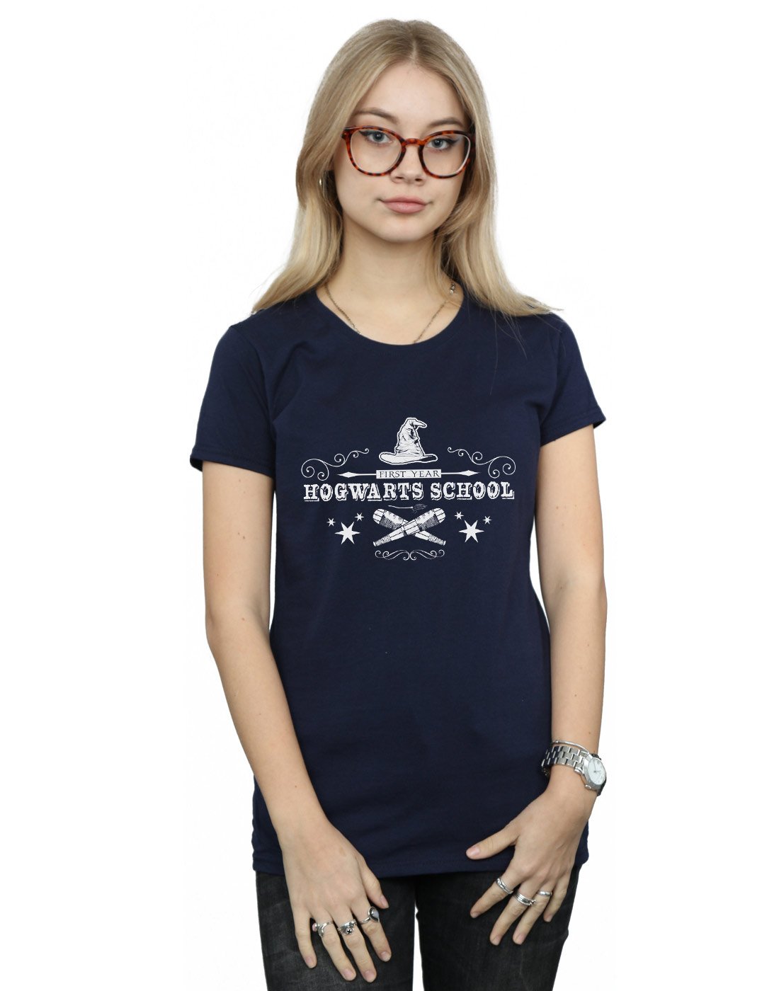 Absolute-Cult-Harry-Potter-Damen-Hogwarts-First-Year-T-Shirt-Navy-Blau-Small