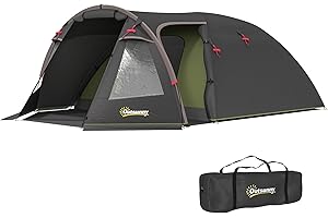Outsunny Tente de Camping familiale pour 2-4 Personnes, Tente Tunnel imperméable 3000 mm avec 3 Portes, fenêtres, Sac de Transport, pour Camping Voyage randonnée Jardin, Noir