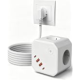 8-in-1 Power Strip with USB-C Quick Charge 20W and Surge Protection, 4 Sockets with Switch 3680W, Extension Cable, for Home O