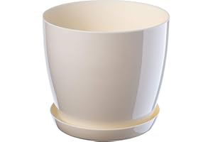 KADAX Maceta con plato, maceta redonda para interiores, elegante maceta de plástico, maceta ligera para flores y plantas para el hogar (16 cm de diámetro, color crema)