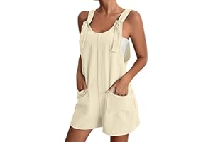 Miolasay Women Uk Elegant Short Jumpsuit Loose Spaghetti Strap Suspender Bib Overall Cotton Linen Shorts Rompers with Pockets