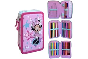CARTOON Astuccio multiscomparto 3 zip Minnie Disney per la scuola completo 44 pezzi penne matite colori pennarelli giotto