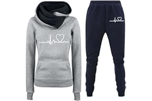 TinaDeer Damen Trainingsanzug Set 2-Teilig Heartbeat Print Hoodie Jogginghose Sweatshirt Hose Zweiteiler Jogginganzüge Damen Kapuzenpullover Sporthose Set