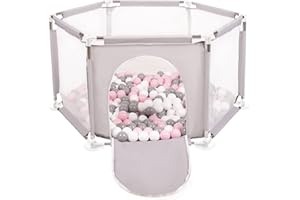 SELONIS Recinto Esagonale Per Bambini Con 100 Palline Colorate Di Plastica 6 Cm, Grigio:Bianco/Grigio/Rosa Chiaro