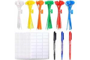 Glarks Lot de 150 attaches de marqueur de câble en nylon 6 couleurs 15,2 cm avec étiquettes autocollantes pour écrire sur Ethernet avec 3 marqueurs et 288 étiquettes de câble blanches pour