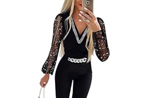 GENERISCH Damen Jumpsuit Elegant Langarm V Ausschnitt Lang Overall Hosenanzug Breites Bein Romper mit Gürtel Glitzer Party Abendmode