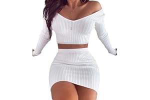 Osheoiso Damen Sexy Top mit Kurzem Rock Sets 2 Piece Bodycon Langarm Minirock Tief Geschnitten Rückenfreies Outfit Kombiset Bauchfreies Top 2 Teiler