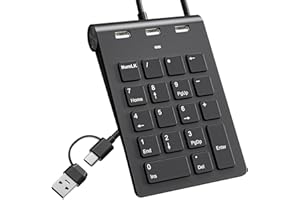 BAWANFA PLUS Clavier numérique USB-C, pavé numérique USB avec 3 ports USB 2.0, mini-clavier fin et portable à 18 touches pour ordinateur portable/de bureau/Surface/iPad, compatible Windows/macOS/Chrome OS, noir