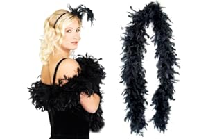 EIROVYA Boa de plumas negras, longitud aproximada de 120 cm, accesorio de disfraz, Charleston, años 20, estilo flapper, carnaval, fiesta de máscaras, 1 pieza