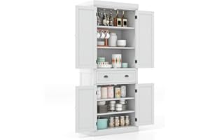 GiantexUK 183cm Tall Kitchen Cupboard, 4-Door Freestanding Pantry Cabinet with Adjustable Shelf, Drawer & Anti-Toppling Device, Wooden Storage Cupboard for Dining Room (without Door Racks, White)