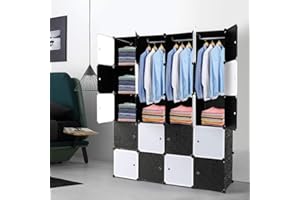 TactFire Armoire Penderie Modulable, 20 Cubes, Armoire Chambre, Étagère de Rangement avec Portes, pour Le Stockage de vêtements, Jouets, etc.. (Porte Noire et Blanche, 140 x 45 x 175 cm)