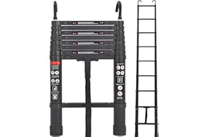Exleiter Aluminum Telescoping Ladder, 2.6M/8.5FT Portable Extension Ladder with 2 Detachable Hooks Extendable Folding Anti-Slip Loft Ladder with Certificate EN 131, Black