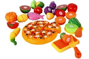 HAUSPROFI Zestaw 24 zabawek kuchennych, do krojenia, pizzy, owoców, warzyw, żywności z zapięciem na rzep dla dzieci, zabawka edukacyjna, zabawka edukacyjna, prezent