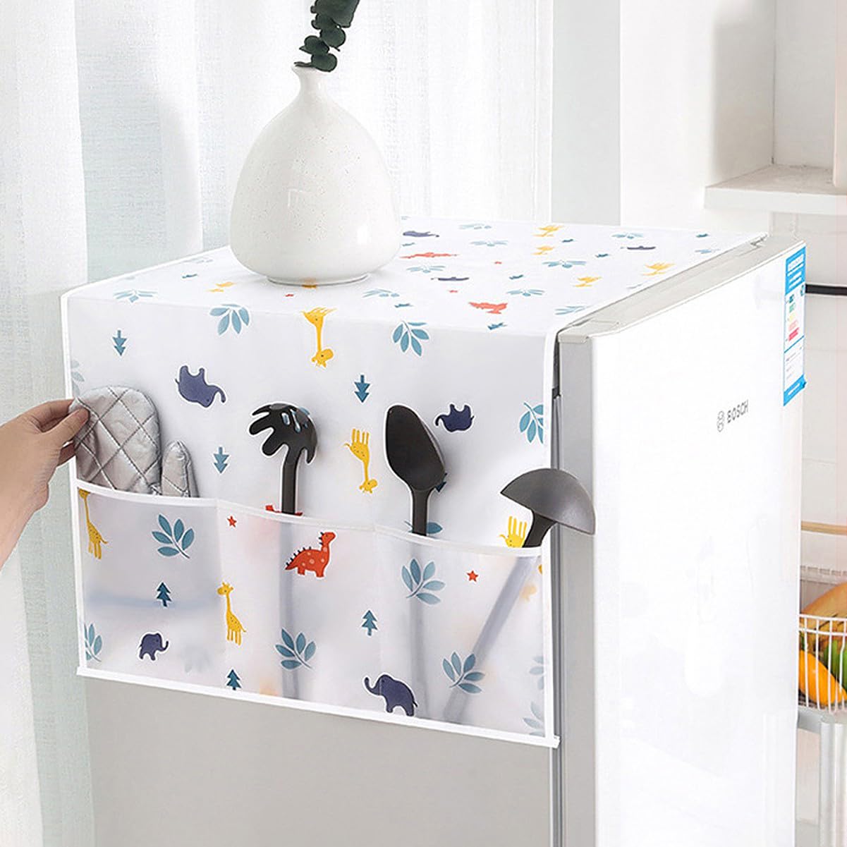 Wolpin Fridge Cover with 6 Utility Pockets: Waterproof & Cute Design