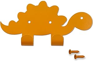 keypak Kids Dinosaur Double Coat Hooks, Door Wall Mounted Metal Decorative Hooks for Boys & Girls, Toddlers Bedroom or Baby Nursery - Colour Matching Fixings Included (Orange)