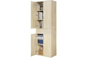 eSituro Office Cabinet Storage Cabinet 3 Adjustable Shelves 1 Drawer Constructed Wood 60 x 34 x 180 cm Light Oak
