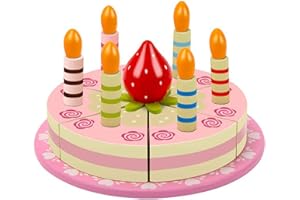 WOODENFUN Cuisine pour enfants Dessert en bois Jouet de cuisine Accessoires avec support à gâteau pour enfants Thé Party Jeu de rôle Faux découpe Bois Jouet alimentaire (desserts) (gâteau d'anniversaire)