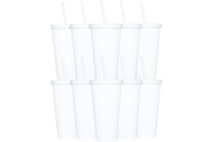 Yisituo Reusable Plastic Cups, 24 Oz, Pack of 10, Cold Cups with Lid and Straw, Travel Cups for Adults and Kids, Party and Beach, Pool Gatherings (10, White)