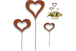 CRRYNUO 3er Set Herzen Stecker Gartendeko, Steel Styles Edelrost Herz Gartenstecker-einfach einsteckbar,eartenstecker Stahl Rost Edelrost Wetterfest, Metall Stahl Rost für Gartendekoration Frühling Deko