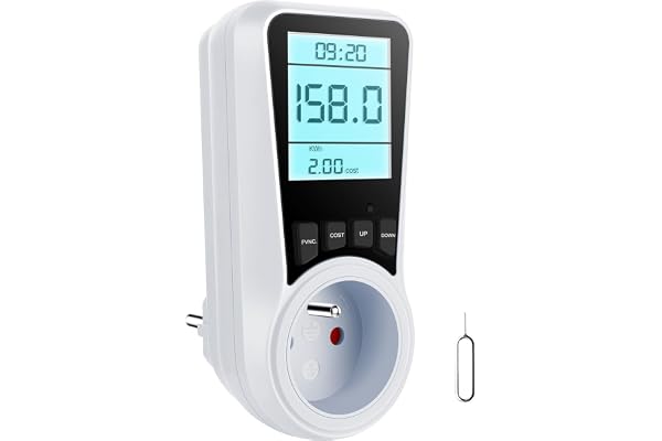 Wattmètre Prise Compteur d'Énergie, Consommation d'Énergie avec 7 Modes Surveillance, Écran LCD Rétroéclairé, Prise Consommation Electrique pour Économie d'Energie, Surcharges de Protection, 3680W MAX