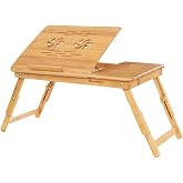 SONGMICS Bambu Diz&uuml;st&uuml; Bilgisayar Standı, Y&uuml;kseklik Ayarlanabilir, Yatak Masası, 5 Eğim A&ccedil;ısı, &Ccedil;ekmeceli LLD001