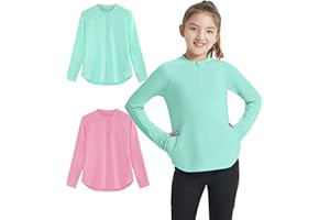 EXARUS Langarm-Shirt für Mädchen, sportlich, schnell trocknend, LSF 50+, Performance-T-Shirts mit Taschen, Daumenlöchern, Workout, Teenager