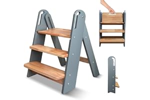 SUIHUOOO Wooden Step Stool for Kids, 3-Step Foldable Step Stools, Learning Tower with Handles for Potty Training, Toddler Toilet Step for Bathroom Sink, Kitchen, Bedroom, Safe and Sturdy, Gray