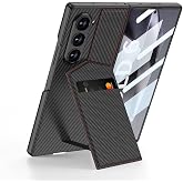 Elfia Samsung Galaxy Z Fold 6 ile Uyumlu Kılıfı Kartlıklı Karbon Fiber Tasarımlı Dik Stand Olabilen Kamera Lens Korumalı İnce