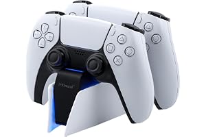 Mcbazel Stacja ładująca z podwójnym kontrolerem do PS5 DualSense i | Pełne naładowanie w ciągu 2,5 godziny, czerwony i niebieski wskaźnik LED, potrójna ochrona bezpieczeństwa, zasilanie USB-C