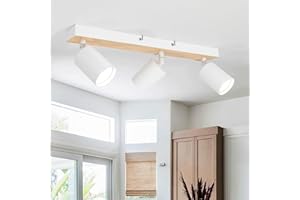 Ketom Faretti LED da Soffitto Orientabili Moderni Bianchi - Legna GU10 Lampada Faretti Soffitto - Plafoniera LED 3 Faretti Interno - Senza Lampadina