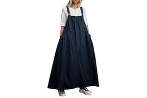 DaPongZhi Robe en Jeans Jupe Salopette Femme Grande Taille Maxi Robe Été Vintage Robe en Denim Chic et Élegant Jarretelles Jupe Longue Robe avec Boutons Salopette Longue à Bretelle sans Manche