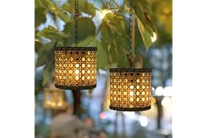KZT 2 lanterne solari per esterni, lampada a sospensione solare in bambù, IP44, impermeabile, da giardino, per esterni, balcone, patio, terrazza, cortile