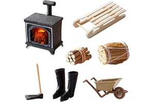 AVCXEC Puppenhaus Zubehör Deko, Miniatur Deko Weihnachten Set, Glühender Kamin,Schlitten,Hacke,Heuhaufen,Brennholz,Gummistiefel, Holzkarren für 1/12 Miniatur Puppenhaus, Miniatur Puppenhaus Deko Set