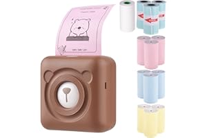 Bisofice Stampante fotografica A6, mini stampante termica tascabile, stampante portatile wireless BT per etichette per foto, memo per ricevute, con 12 rotoli di carta termica 57 x 30 mm, marrone